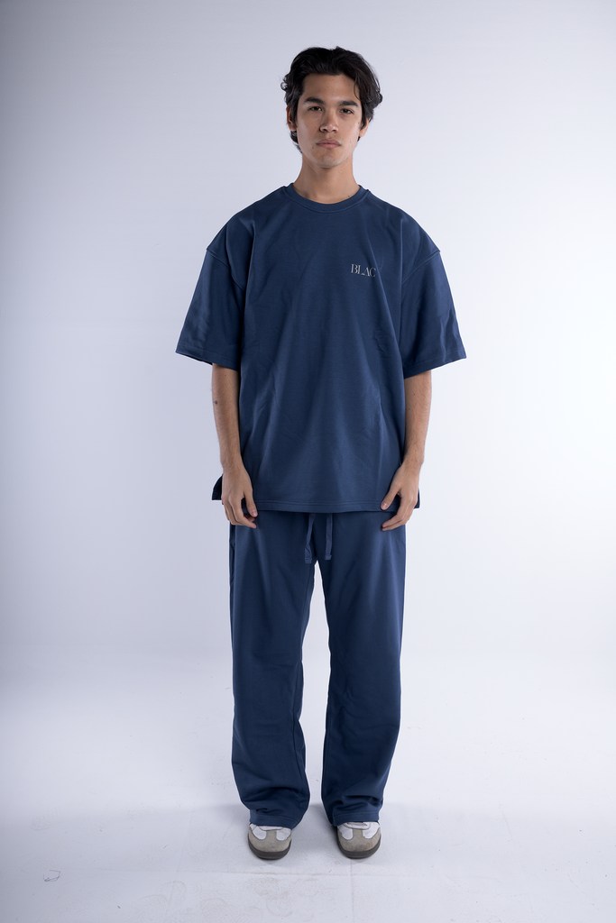 Logo Print Straight Leg Sweatpants - Navy Blue