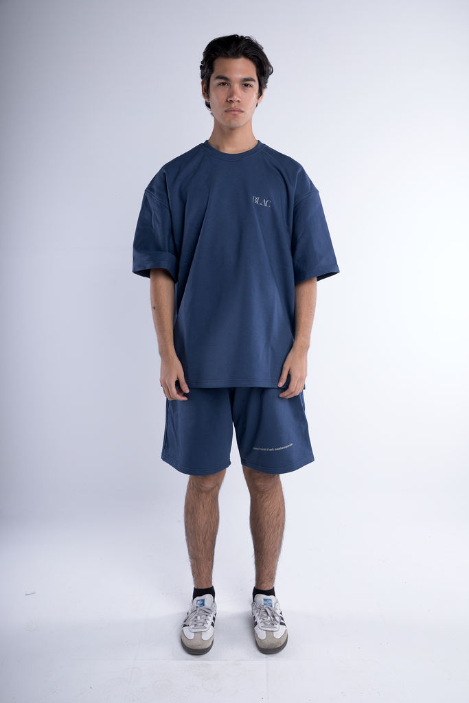 Statement Print Cotton Shorts - Navy Blue