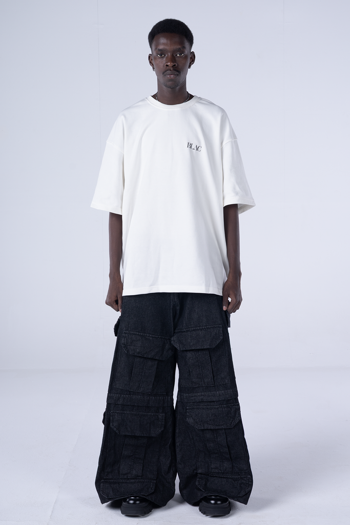 Washed Multi-Pocket Wide Leg Cargo Jeans - Black